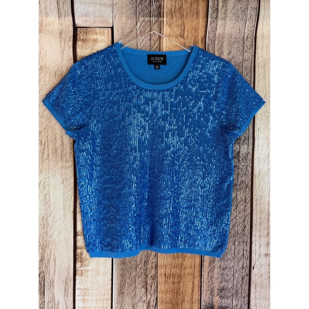 J.Crew Collection Sequin Cap-Sleeve Cropped Wool Sweater T-Shirt Blue Medium